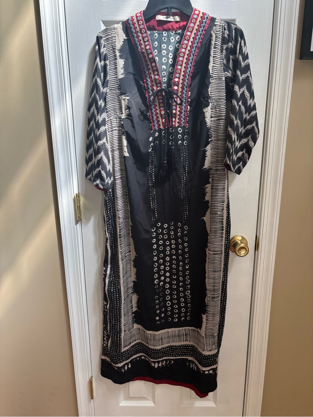 Rapsodia Black & White Patterned Maxi Dress with Embroidered Trim, Size M, EUC